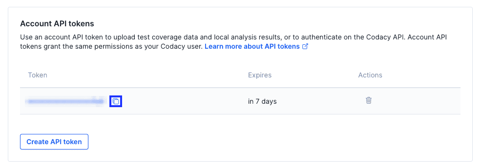 Creating an account API token modal